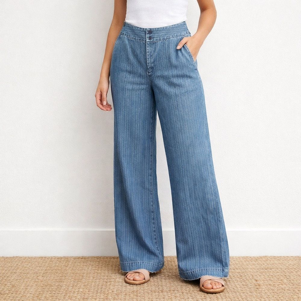Ralph Lauren Jeans Co Pinstripe Denim Wide Leg Trouser Blue Cotton Size 10 VTG